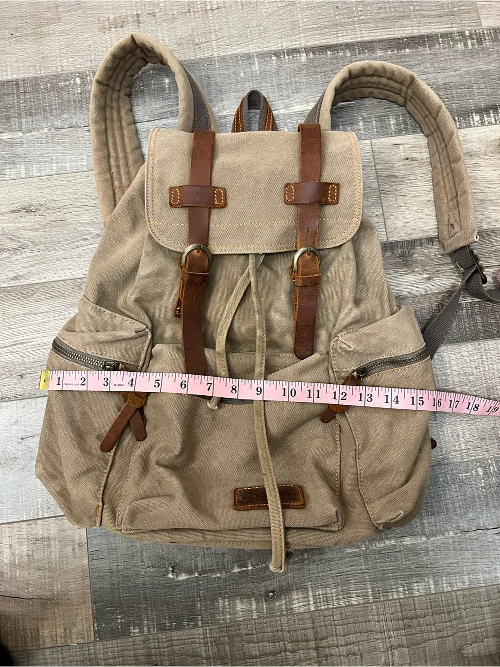 Khaki Canvas Drawstring Backpack with Brown Leather Trim